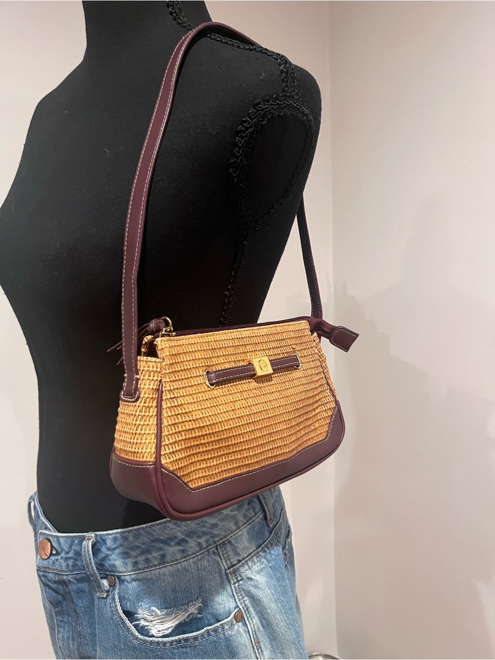 Aigner Woven Straw and Burgundy Leather Small Shoulder Purse